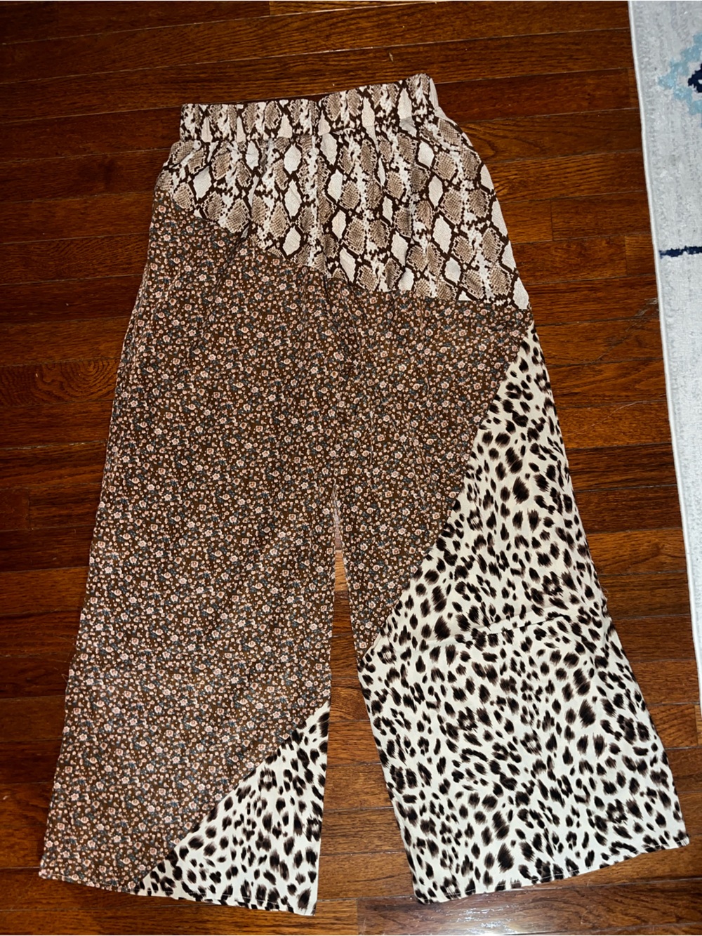 ODDY Brown Multi-Print Wide Leg Patchwork Pants